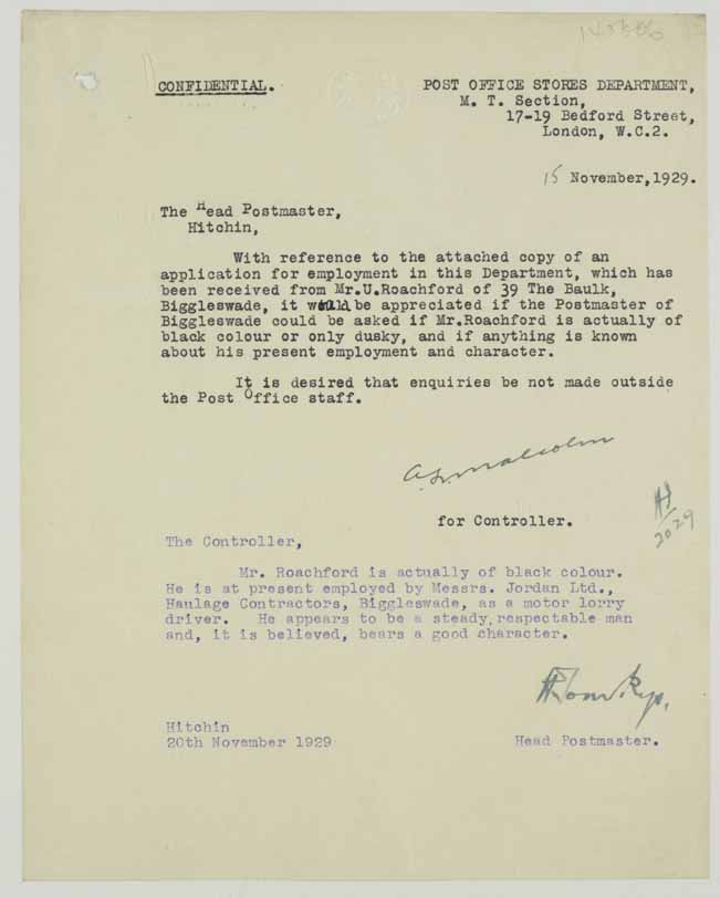 BT Archive letter 1929 - Racism