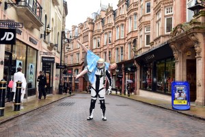Birmingham Weekender launch. Expect the unexpected on the streets of the City. Highly Sprung's Urban Astronaut. Photo by Jas Sansi.