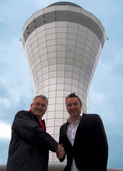 Paul Kehoe, CEO of Birmingham Airport and Heart FM's Ed James at Birmingham Airport