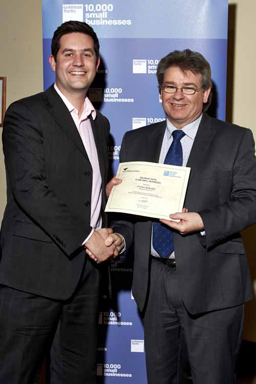 Heritage Silverware’s Anthony McDonagh (left) receives his graduation certificate from Programme Director, Professor Mark Hart. Picture by Edward Moss www.edwardmoss.co.uk All rights reserved.  Aston University Graduation Austin Court.