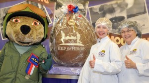 Hero the Bear with Cadbury World chocolatiers Jenny Malenoir and Gail Deeley