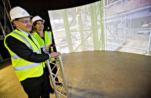 Peter Hansford and Juliet Mountsford get to grips with the ACT facility’s 3D simulation of a construction site in Brindley Place, Birmingham, during their visit to Coventry University on Friday.