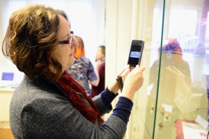 Susan Goodwin tries out the ibeacons at The Lace Guild Museum. Picture by Jas Sansi.