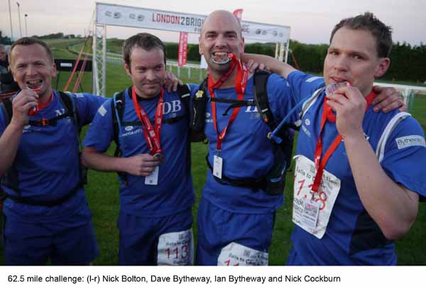Dave Bytheway, Ian Bytheway, Nick Cockburn and Nigel Bolton ran 62.5 miles from Richmond Park in London to Brighton Racecourse in under 15 hours.
